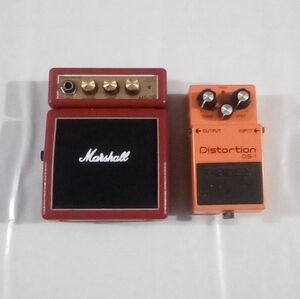 Mini Marshall Amplifier and Boss Distortion Pedal Combo